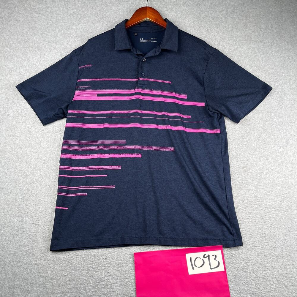 Under Armour Heatgear Polo Shirt Mens Large Navy Blue Purple Striped Stretch